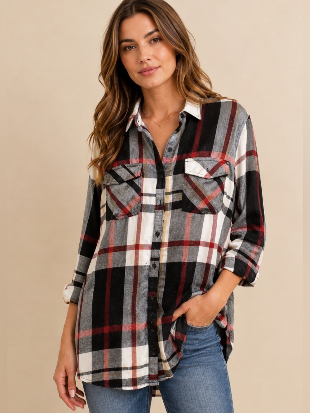 Como Vintage Black and Red Plaid Button Down Oversized Shirt